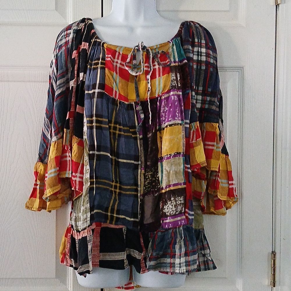 Sacred Threads patchwork boho hippie  wide bell sleeve blouse  Sz L/XL